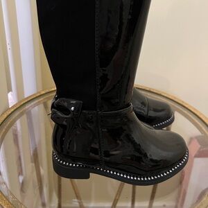 Toddler Girls Patent Leather & Rhinestone Knee High Black Boots
